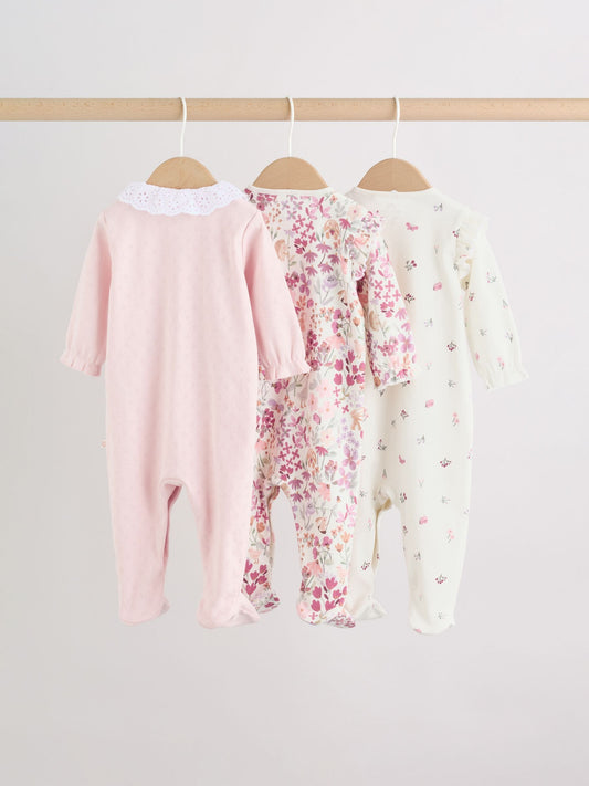 Pink Floral Bunny Baby Sleepsuits 3 Pack (0mths-2yrs) image 2