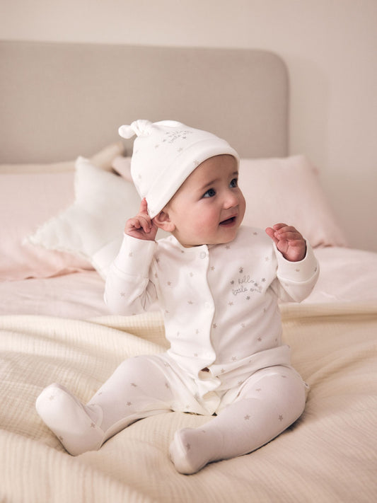 White Baby Sleepsuit, Bodysuit, Hat and Bib Set 4 Piece (0-9mths) image 2