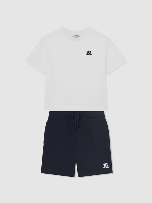 Reiss White/Navy Revlin Set 9-13 yrs Monogram Cotton T-Shirt And Shorts Set image 2