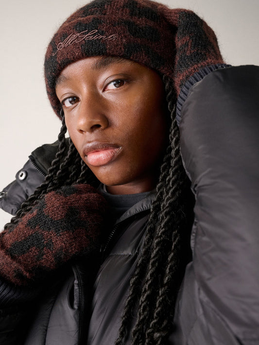 smALLSAINTS Brown Leopard Script Logo Knitted Beanie and Gloves Set - image 1