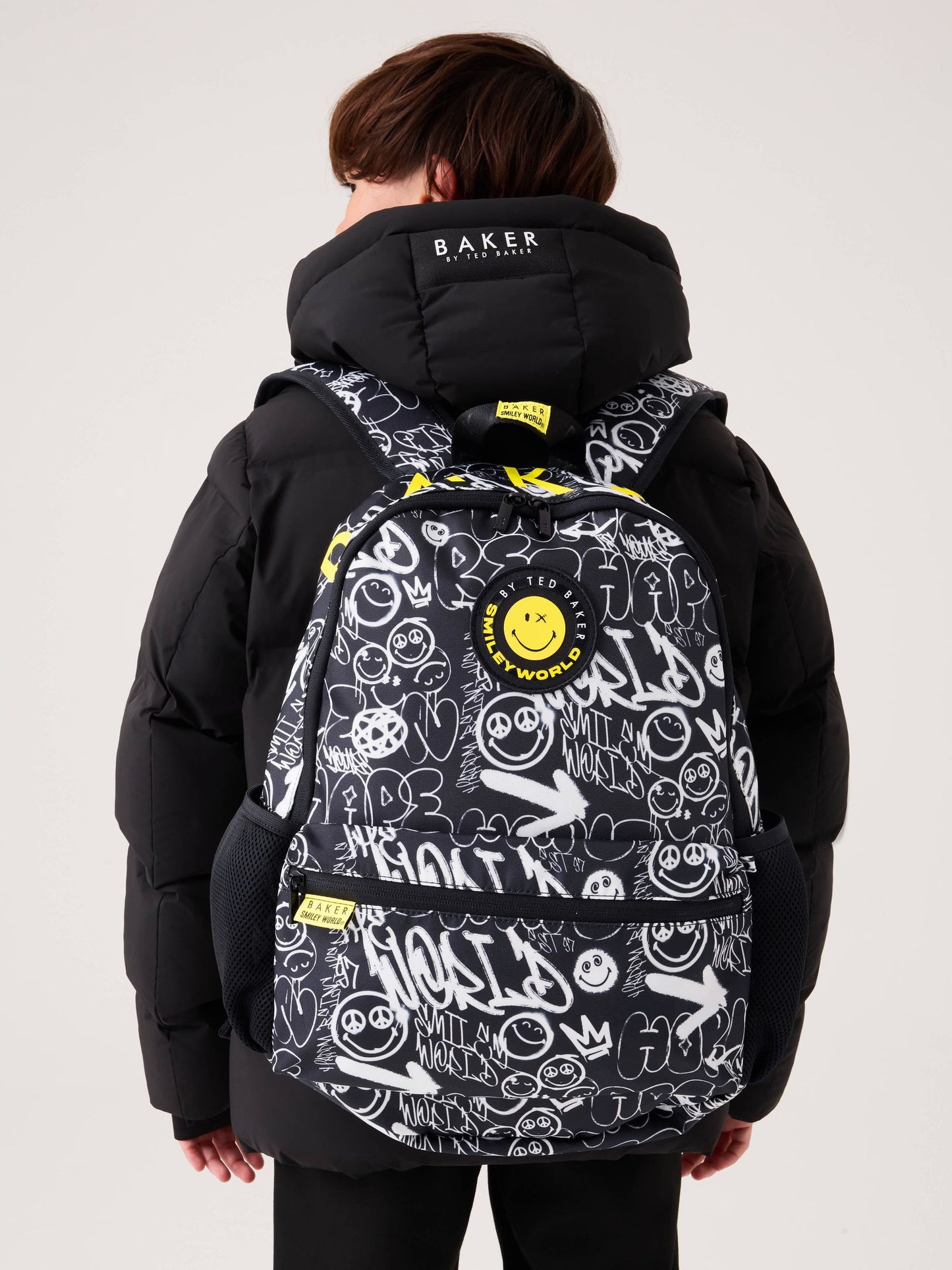Baker by Ted Baker Black Back to School Childrens X Smiley World Graffiti Backpack image 1