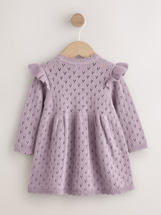 Dsiney Kidz - Lilac Purple Pointelle Knitted Frill Shoulder Baby Dress (0mths-2yrs) image 2
