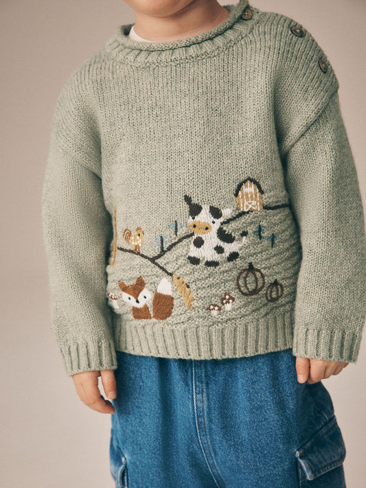 Dsiney Kidz - Sage Green Farm Character Knitted Crew Neck Jumper (3mths-7yrs) image 2