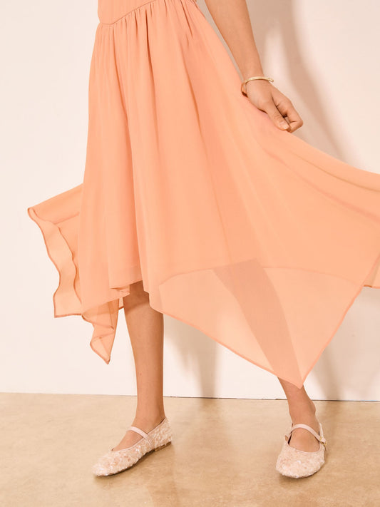 Dsiney Kidz - Lipsy Peach Pink Embellished Hanky Hem Halter Occasion Dress (7-16yrs) image 2