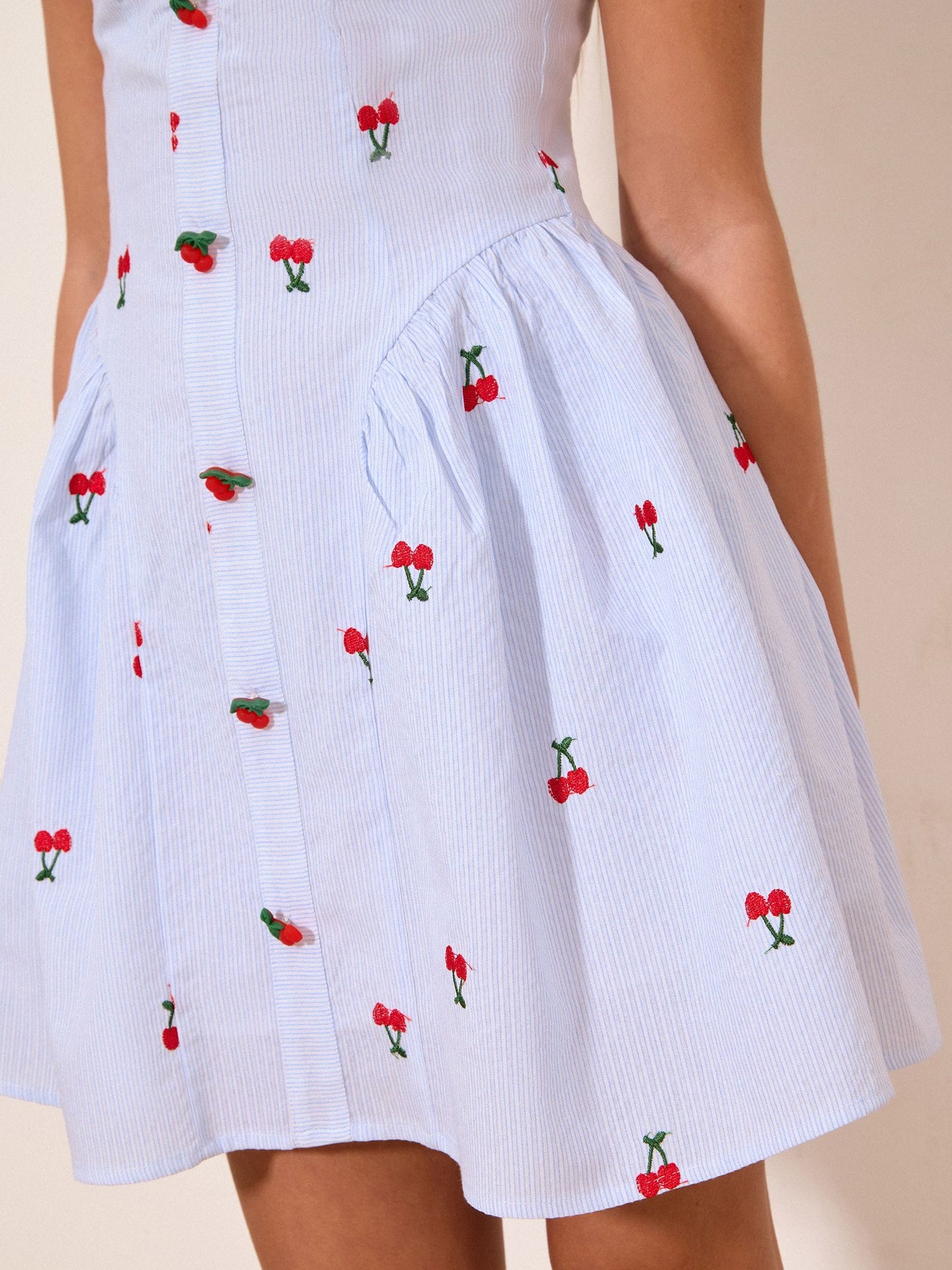 Lipsy Blue/White Teen Embroidered Cherry Pinstripe Dress (10-16yrs) image 5
