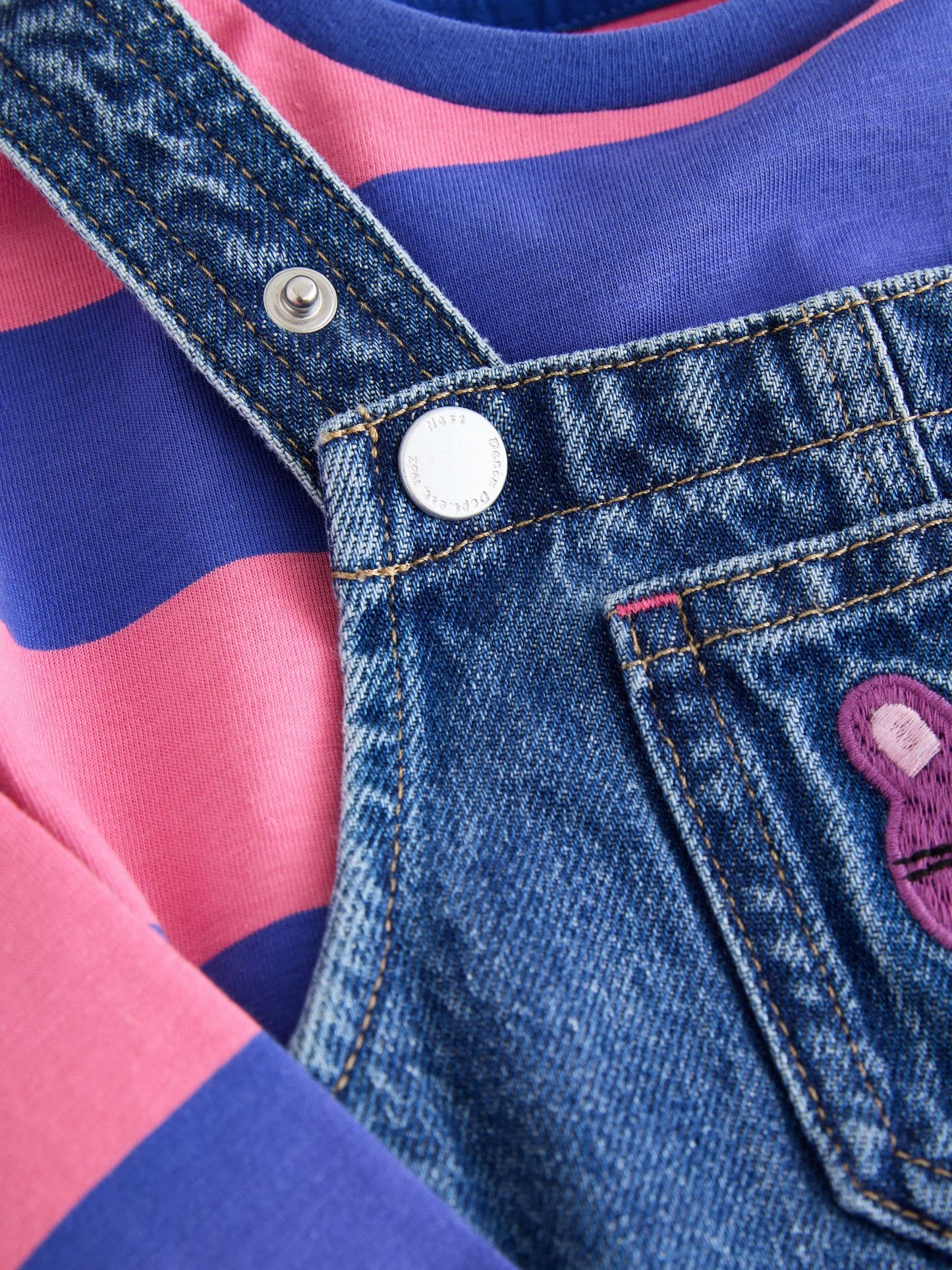 Blue/ Pink Stripe Embroidered Denim Dunagree Set (3mths-7yrs) image 10