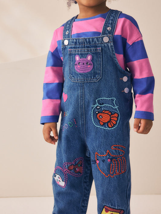 Dsiney Kidz - Blue/ Pink Stripe Embroidered Denim Dunagree Set (3mths-7yrs) image 2