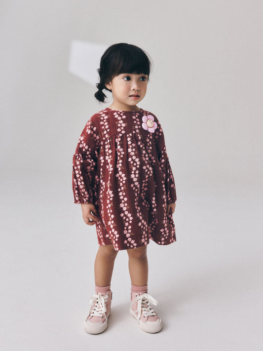 Dsiney Kidz - Chocolate Brown Flroal Long Sleeve Printed Dress (3mths-8yrs) image 2