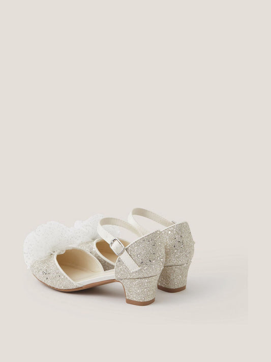 Monsoon Silver Tulle Pom Glitter Closed Toe Heels Shoes image 2