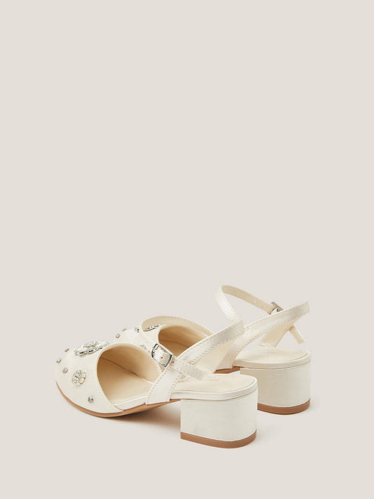 Monsoon White Flower Diamanté Satin Closed Toe Heels Shoes image 2