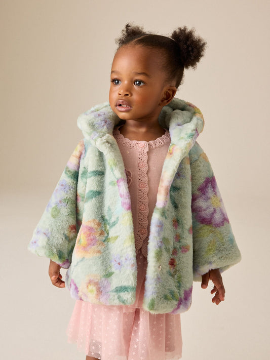 Dsiney Kidz - Sage Green Floral Faux Fur Hooded Coat (12mths-7yrs) image 2