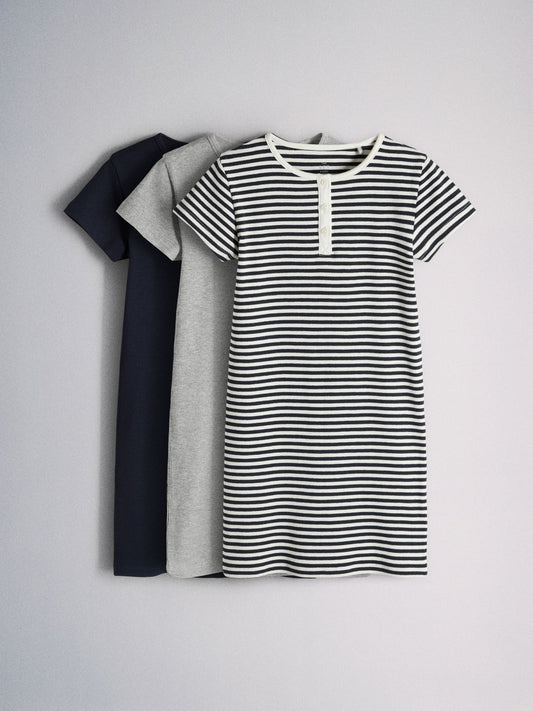 The Set 3 Pack Short Sleeve Rib Henley Dresses Blue/Grey/Stripe image 2