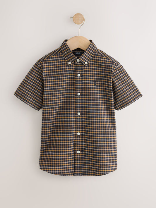 Disney Kidz - Chocolate Brown Gingham Logo Short Sleeve Cotton Rich Oxford Shirt (3-16yrs) image 1