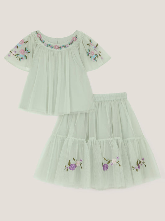 Monsoon Green Amina Floral Tulle Top & Skirt Set image 2