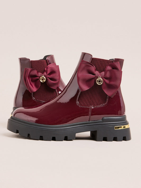 Dsiney Kidz - Lipsy Burgundy Red Red Patent Faux Leather Bow Elasticated Heel Clip Ankle Chelsea Boots image 2