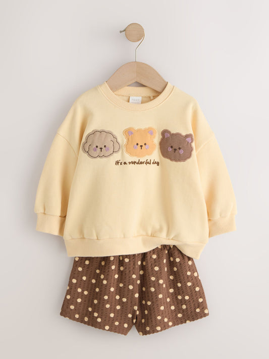 Chocolate Brown Bear Crew Neck Sweatshirt & Shorts Set (3mths-7yrs) image 2