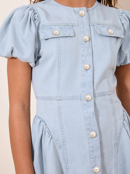 Dsiney Kidz - Lipsy Light Wash Blue Denim Puff Sleeve Diamonte Dress (5-16yrs) image 2