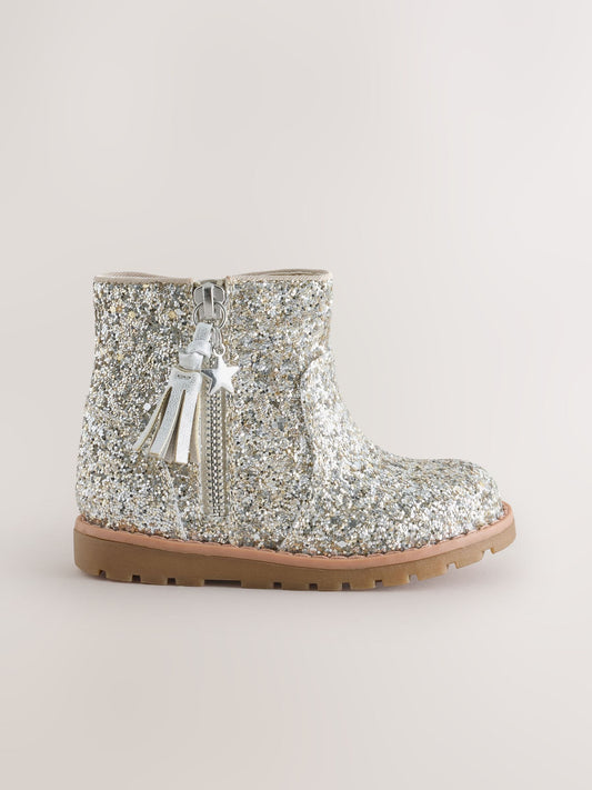 Dsiney Kidz - Silver Glitter Standard Fit (F) Chelsea Zip Tassel Ankle Boots image 2