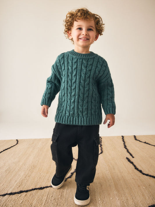 Dsiney Kidz - Dark Teal Blue Cable Knit Crew Neck Jumper (3mths-7yrs) image 2