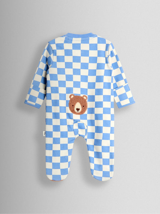 JoJo Maman Bébé Blue Bear Chequered Appliqué Zip Footed Sleepsuit image 2