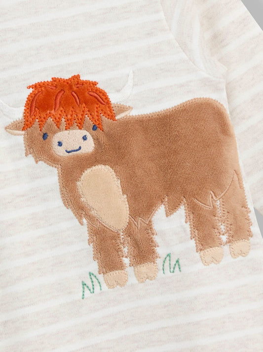 JoJo Maman Bébé Natural Highland Cow Stripe Appliqué Zip Footed Sleepsuit image 2