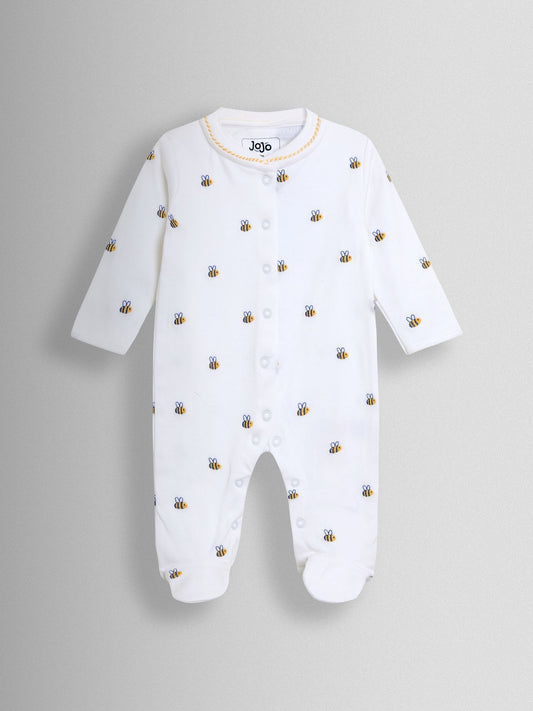 JoJo Maman Bébé White Bee Organic Cotton Embroidered Sleepsuit image 2