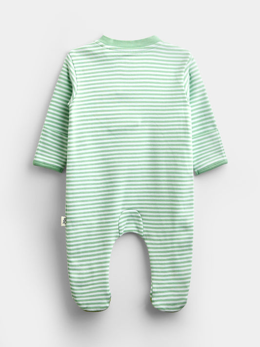 JoJo Maman Bébé Green Stripe Fruit & Veg Appliqué Zip Sleepsuit image 2