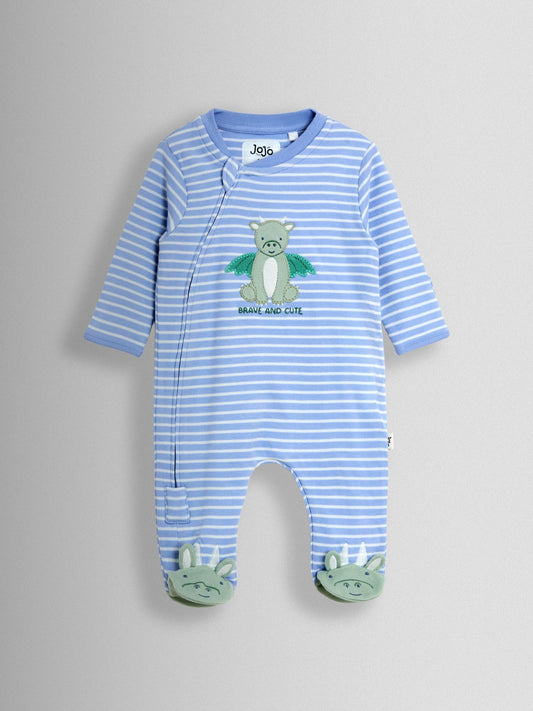 JoJo Maman Bébé Blue Striped Dragon Stripe Appliqué Zip Footed Sleepsuit image 2