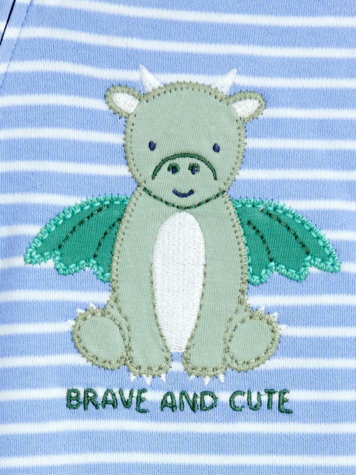 JoJo Maman Bébé Blue Striped Dragon Stripe Appliqué Zip Footed Sleepsuit image 4