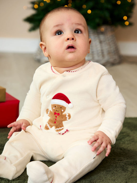 JoJo Maman Bébé Ecru My First Christmas Gingerbreadman Velour All-In-One image 2
