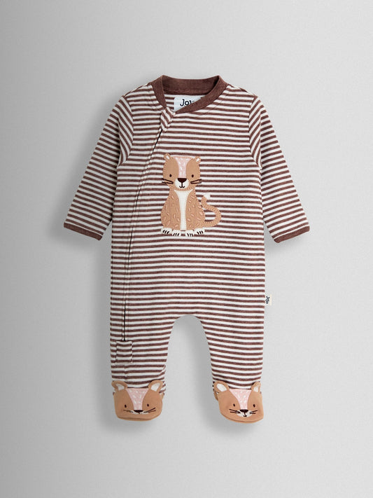 JoJo Maman Bébé Brown Striped Cheetah Stripe Appliqué Zip Footed Sleepsuit image 2