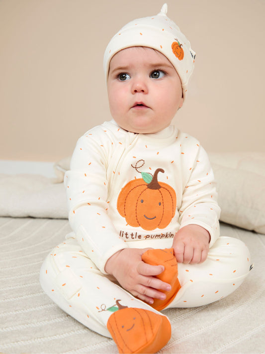 JoJo Maman Bébé Cream Speckled Pumpkin Appliqué Sleepsuit & Hat Set image 2