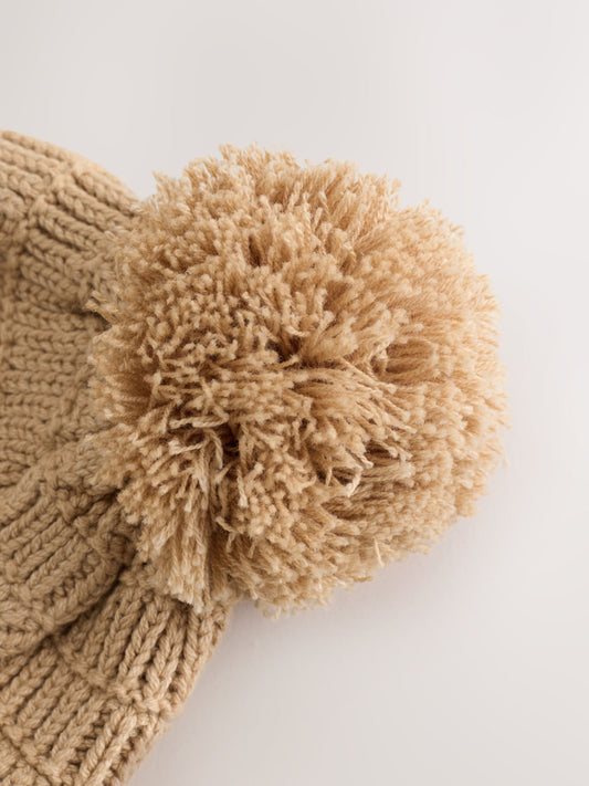 Natural Borg Baby Knitted Trapper Hat With Pom (0mths-2yrs) image 2