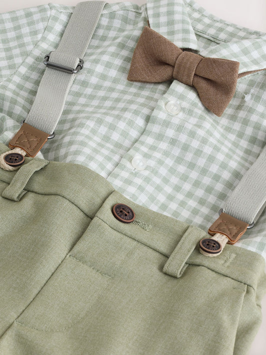 Dsiney Kidz - Sage Green Gingham Shirt Shorts Braces & Bow Tie Set (3mths-9yrs) image 2