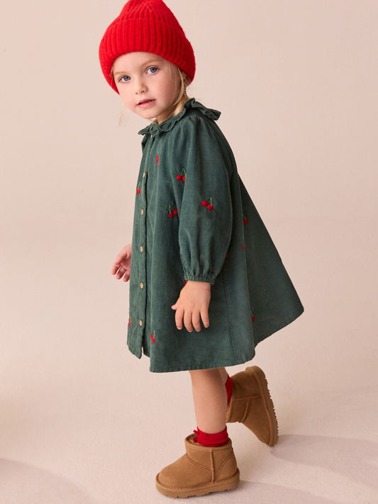Dark Green Cherry Embroidered Cord Long Sleeve Dress (3mths-8yrs)
