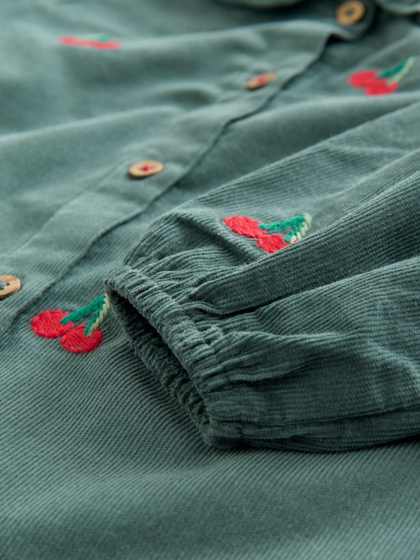 Dark Green Cherry Embroidered Cord Long Sleeve Dress (3mths-8yrs)