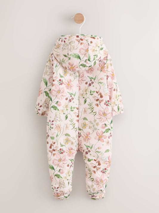 Pink Floral All-Over Printed Double Zip Baby Hooded Pramsuit (0mths-2yrs) image 2