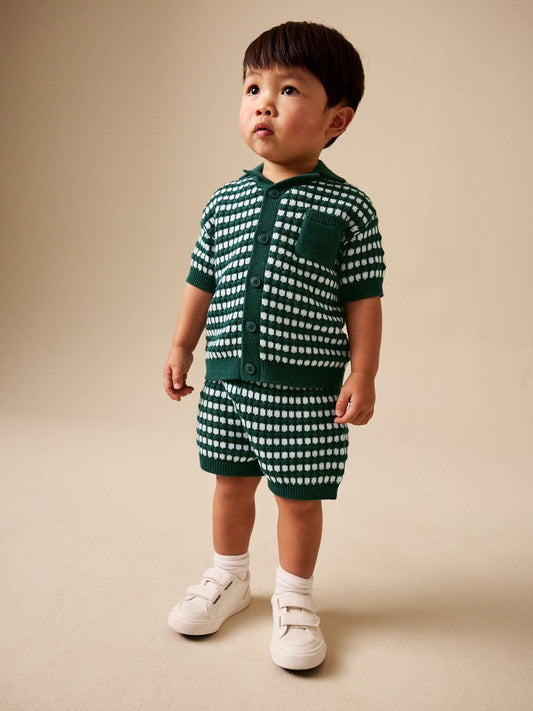 Green Textured Knitted Polo Shirt and Shorts Set (3mths-10yrs) image 2