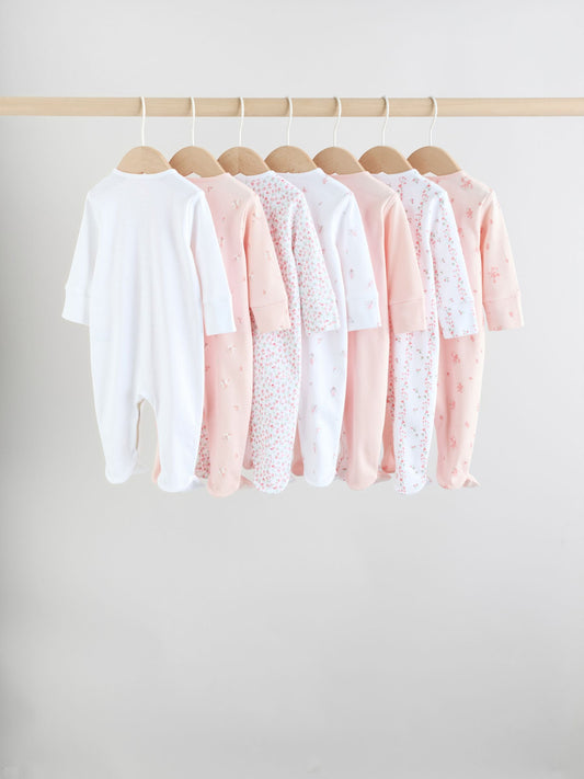 White/Pink 7 Pack Baby Sleepsuit (0-2yrs) image 2