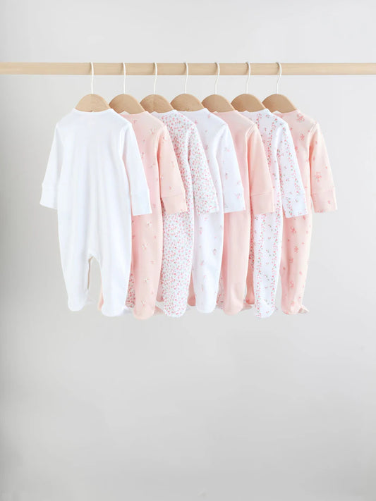 White/Pink 7 Pack Baby Sleepsuit (0-2yrs)