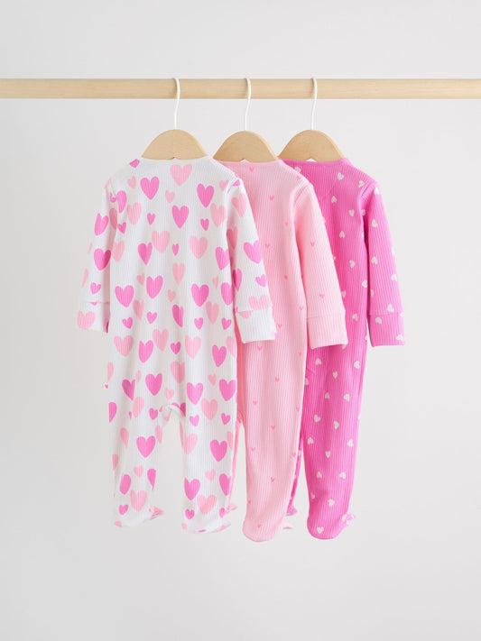 Pink 3 Pack Two Way Zip Baby Sleepsuits (0-2yrs) image 2