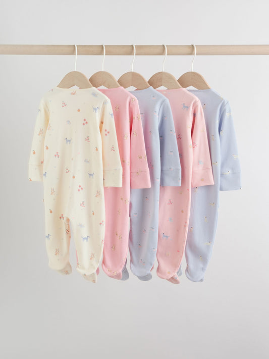 Multi Pastel Character Two Way Zip Baby Sleepsuits 5 Pack (0-2yrs) image 2