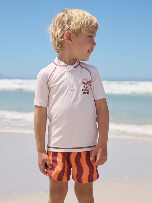 Orange/Ecru Short Sleeve Sunsafe Rash Vest and Swim Shorts Set (3mths-7yrs) image 2