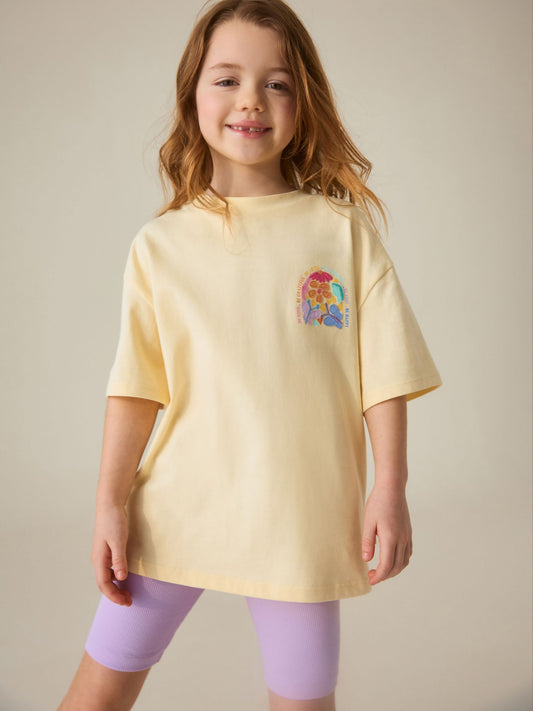 Little Bird by Jools Oliver Yellow Embroidered T-Shirt & Ribbed Cycling Shorts Set 2 Piece image 2