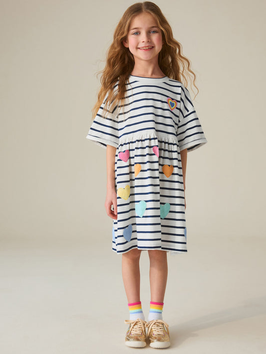 Dsiney Kidz - Little Bird by Jools Oliver Stripe & Rainbow Heart Appliqué Cotton Jersey Dress image 2