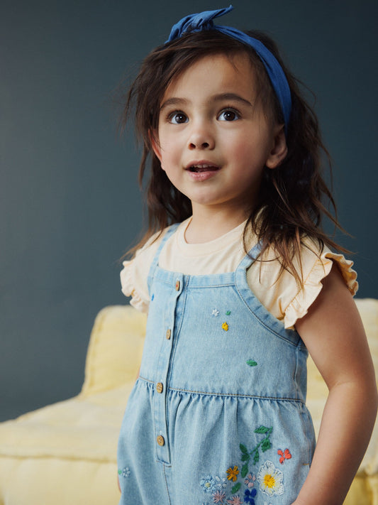 Dsiney Kidz - Mid Blue Floral Embroidered Denim Playsuit and T-Shirt (3mths-7yrs) image 2