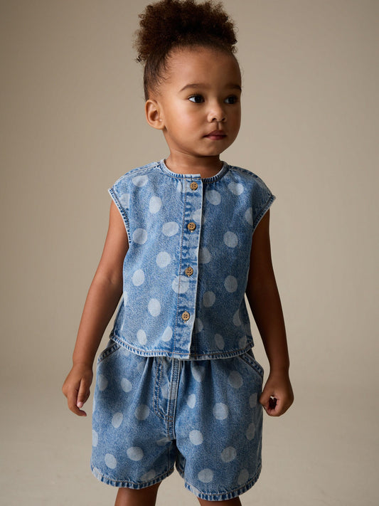 Dsiney Kidz - Mid Blue Denim Polka Dot Waistcoat and Shorts Set (3mths-7yrs) image 2