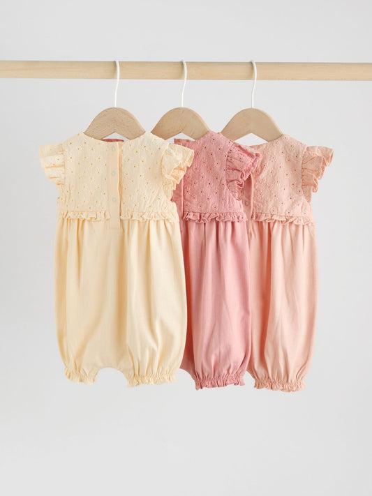 Tonal Pink Broderie 3 Pack Baby Rompers image 2