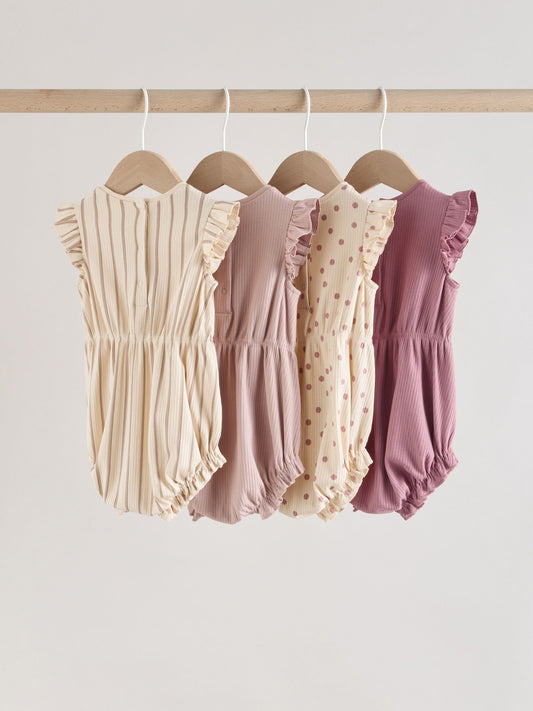Pink Tonal Spot and Stripe Frill Shoulder Baby Rompers 4 Pack image 2