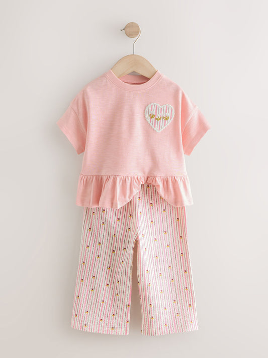 Pink Short Sleeve Peplum T-Shirt and Wide Leg Trousers Set (3mths-7yrs) image 2